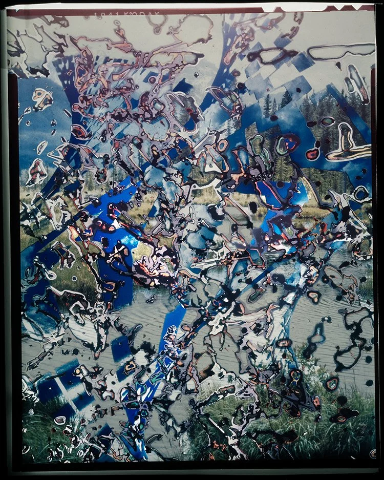 Original 4x5 image created using multiple exposures on a single color frame. I will later re- use this masked frame on a digital camera using multiple exposures on a single frame.