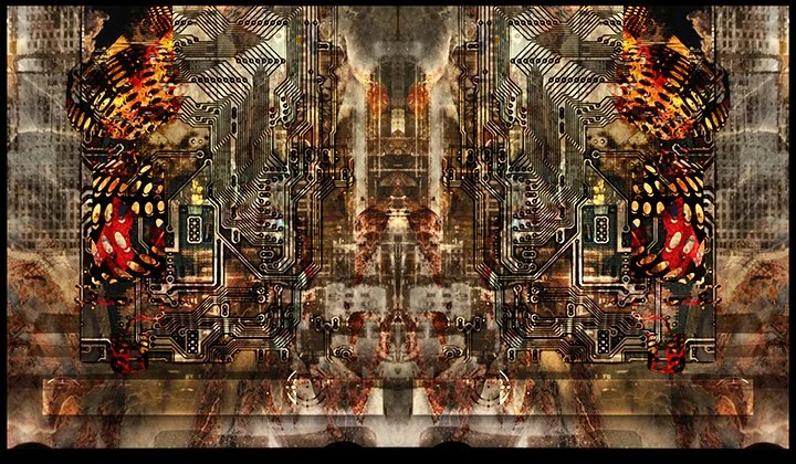 Abstract imagery created using composite masks to create a digital image with multiple exposures on a single digital frame.