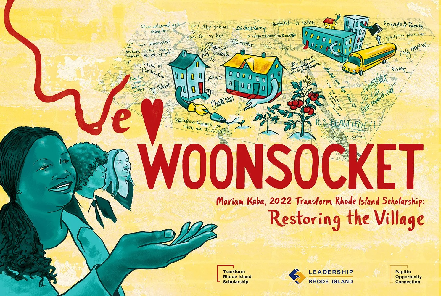 Poster commemorating a community service and mutual aid project. Attendees to a free concert in town wrote their answers to WHY I ♥ WOONSOCKET, which are nestled in among streets and the river in the design.