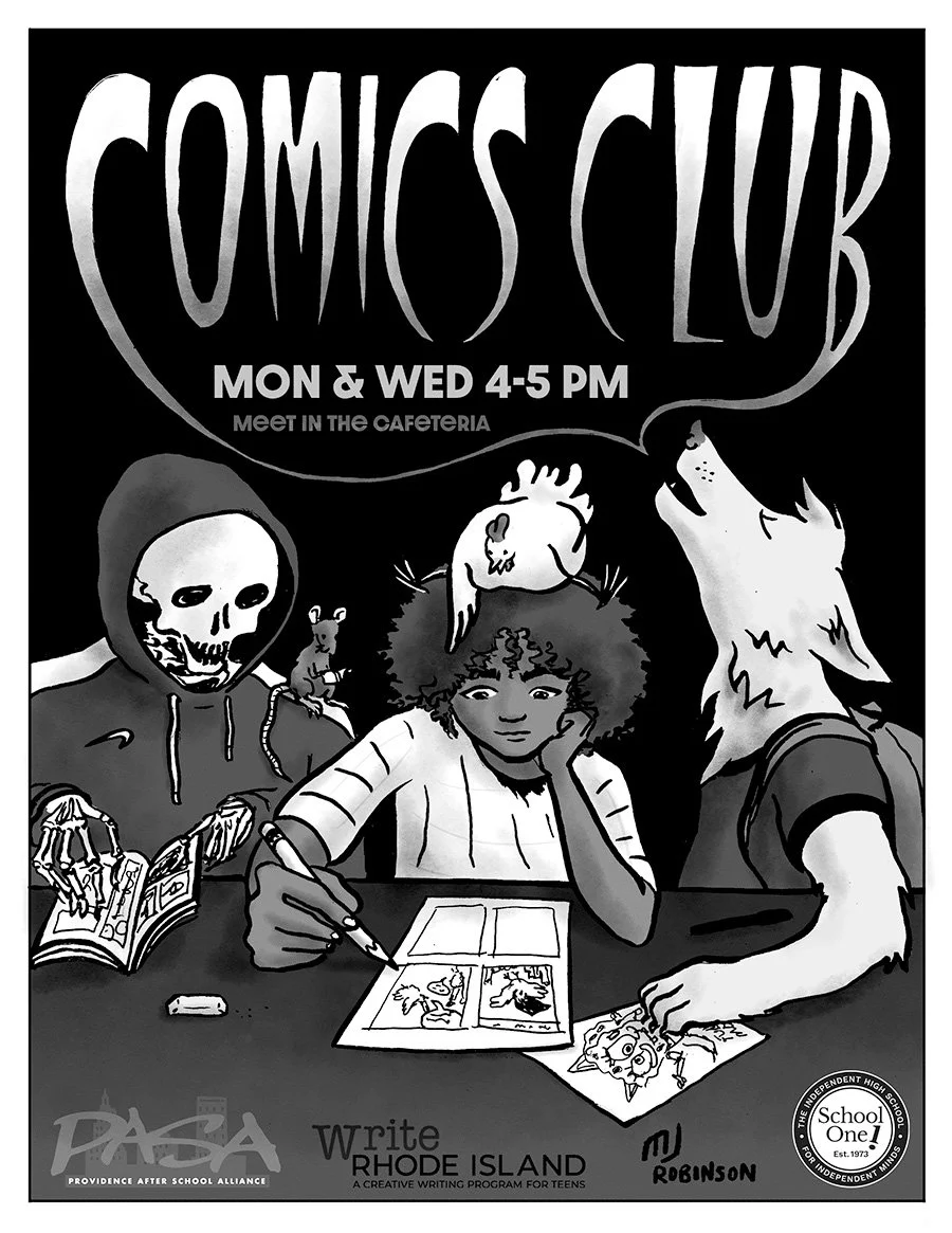 Poster for an after school comics class for middle school students.