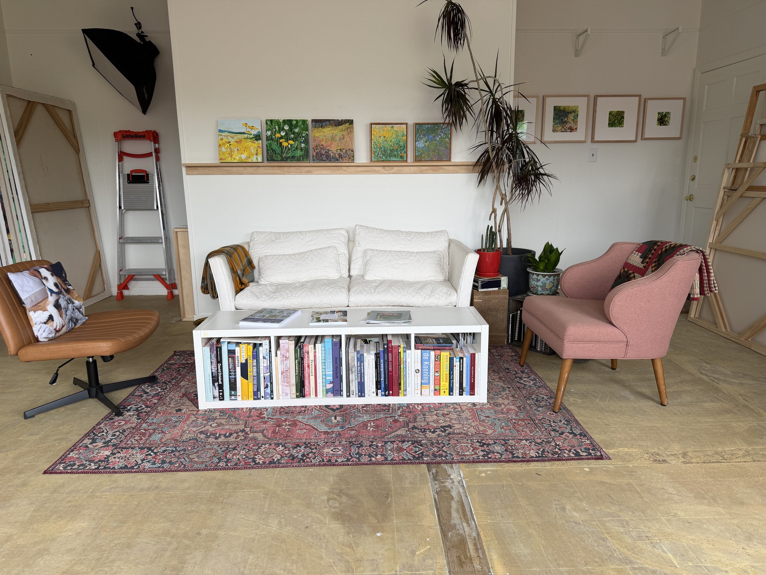 Art studio with a white sofa, a pink armchair, a wooden chair, a bookshelf table, framed paintings of flowers on the wall, a large potted plant, a ladder, and a rug on the floor.