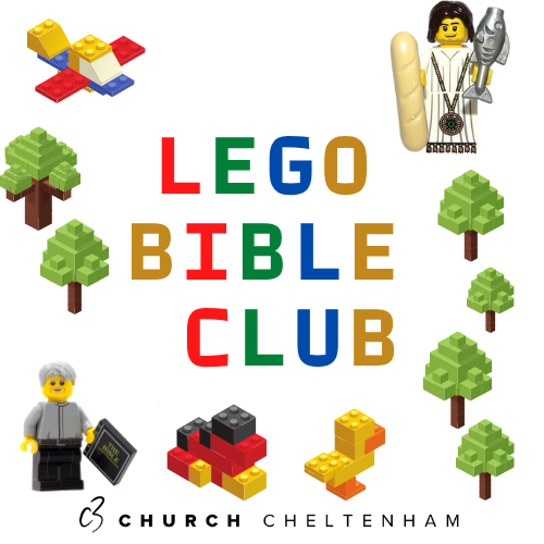 Lego figures, trees, and blocks arranged to spell 'LEGO BIBLE CLUB' with the church name and location at the bottom.