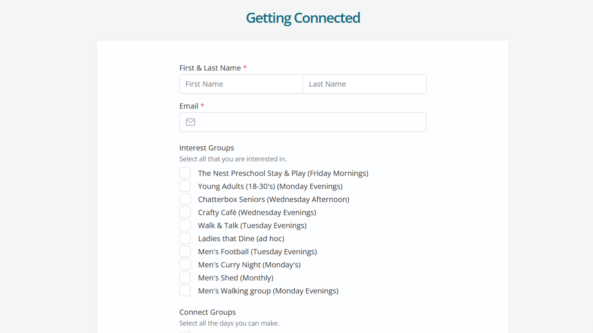 Screenshot of a website registration form titled 'Getting Connected,' with fields for first and last name, email, and checkboxes for interest groups such as 'The Nest Preschool Stay & Play,' 'Young Adults,' 'Chatterbox Seniors,' 'Crafty Café,' and others.