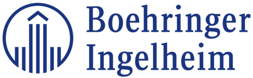 Logo of Boehringer Ingelheim with a circular design featuring upward-pointing arrows and a building silhouette, alongside the company name.