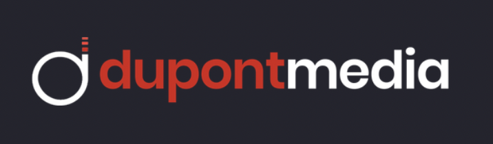 DuPont Media logo with a dark background, featuring a stylized 'd' and the text 'dupont media'