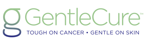 GentleCure logo with tagline 'Tough on Cancer, Gentle on Skin' in blue and green text