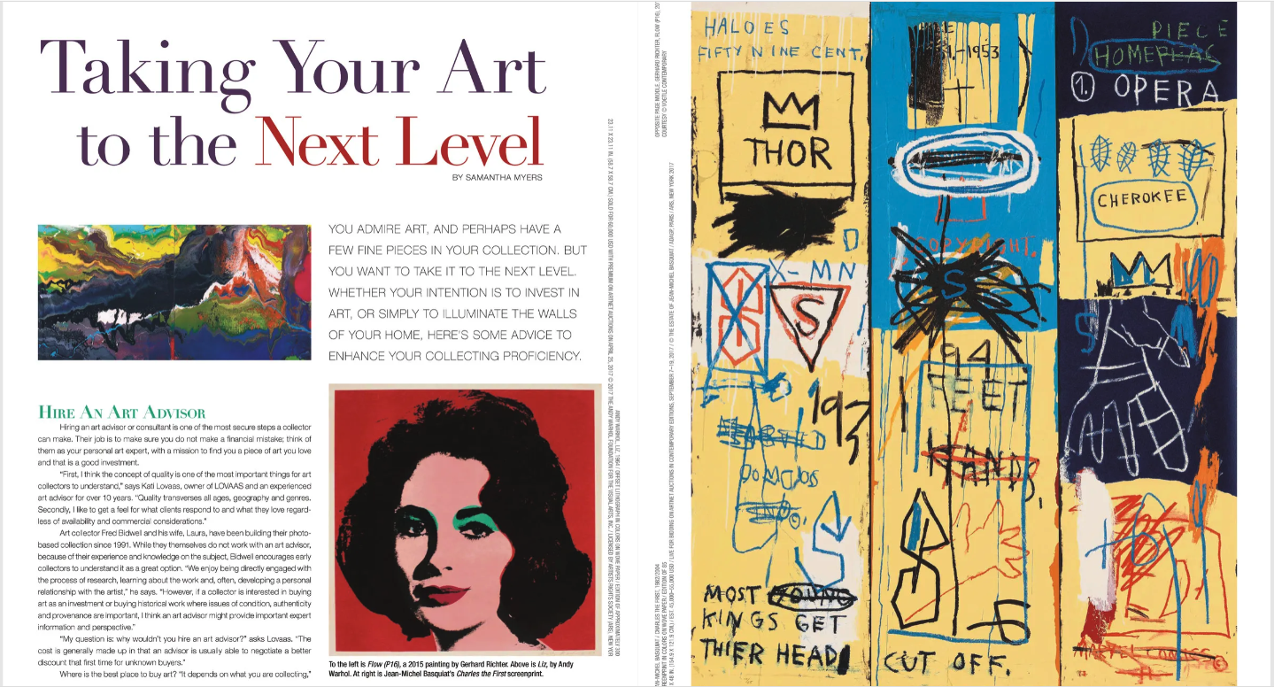 A magazine article spread titled 'Taking Your Art to the Next Level' by Samantha Myers, featuring images of colorful paintings, a portrait of a woman with dark hair, and several sections of handwritten or painted notes and sketches in vibrant colors.
