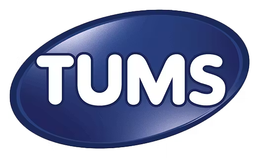 Tums antacid logo with blue oval background and white text.