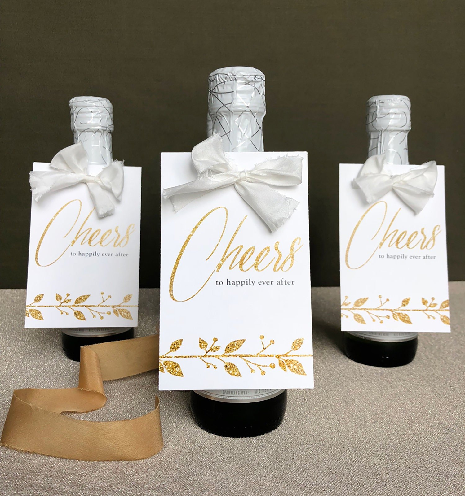 Bridal Shower Champagne Favor Tag, Bachelorette Party Printable, Cheers to Happily Ever After Gold Glitter Leafs