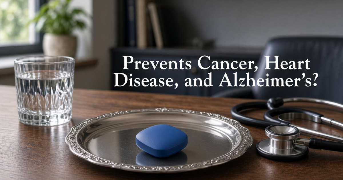 Image of a little blue pill on an executive desk with water and a stethoscope. Atlanta-based concierge longevity doctor Gregory Charlop explains the surprising health research on Viagra and Cialis