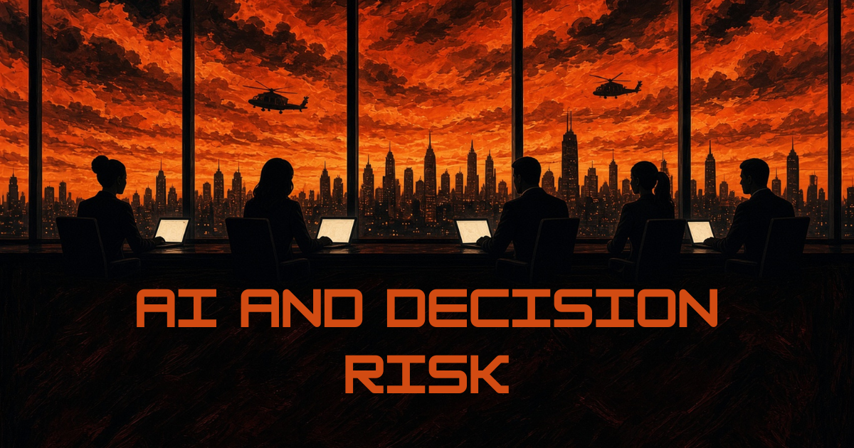Image of military and financial leaders in a situation room watching military helicopters. Text: AI and Decision Risk. A review of surprising dangers of AGI by Dr. Gregory Charlop