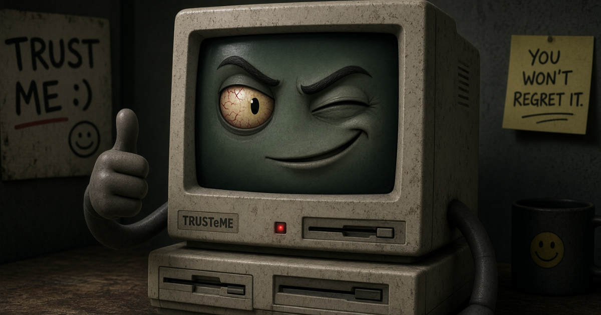 Image of an untrustworthy computer winking and giving the thumbs up. An example of AI sycophancy