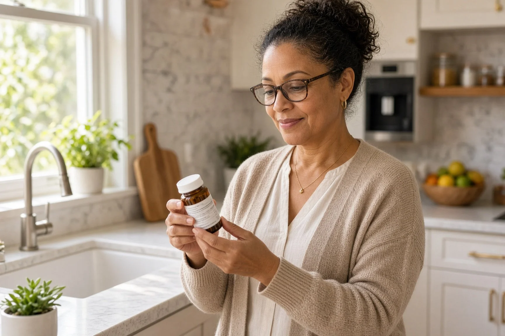 Woman looking at a medicine bottle in a nice kitchen. Dr. Gregory Charlop explains whether women should use Viagra or Cialis for health and longevity