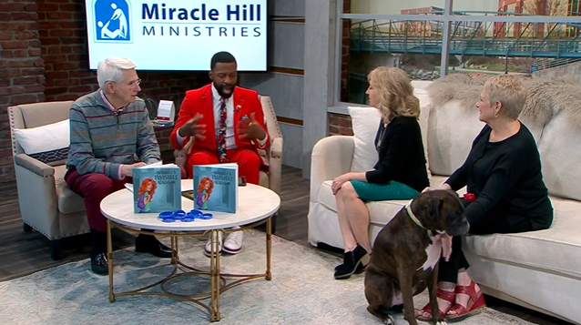 Sandy Furnell, Minda Shelton, and Olive being interviewed on Your Carolina show with Jack Roper and Jamarcus Gaston, WSPA