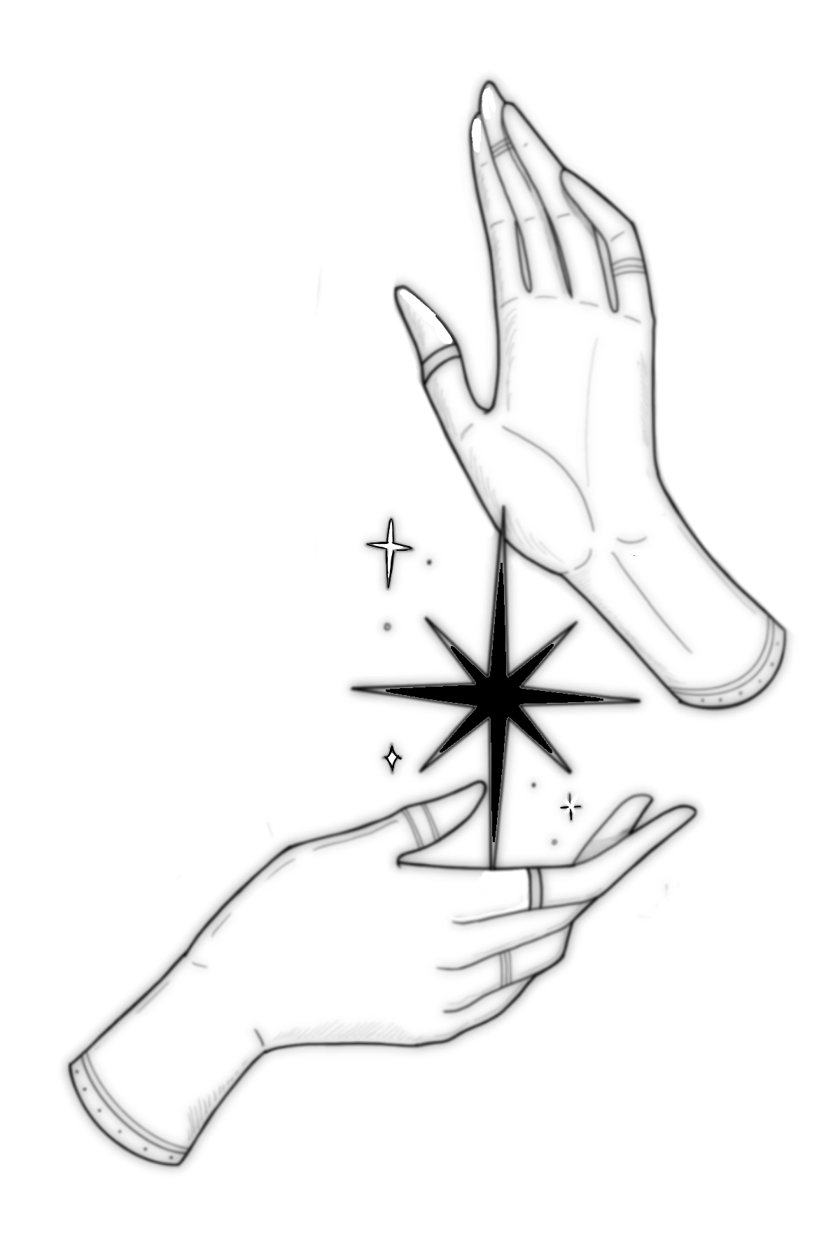 Line Art, Black and White, Hand, star and sparkle Illustration - by artist SOFTBOY