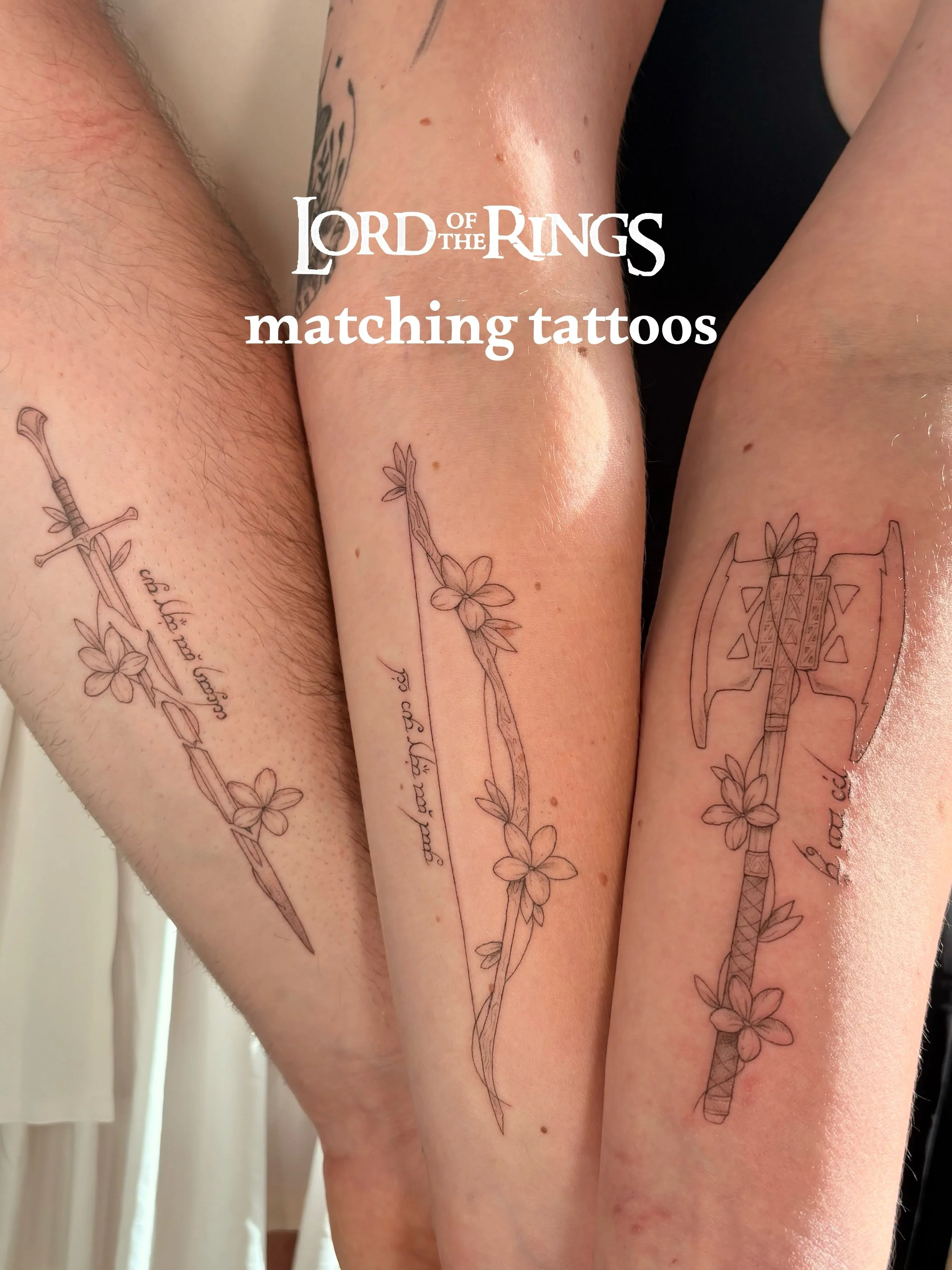 My clients came to me with the idea of matching lord of the rings tattoos. I drew a few and we landed on these! So happy with the results 😊🗡️🏹⛏️

#lotr #torontotattooartist