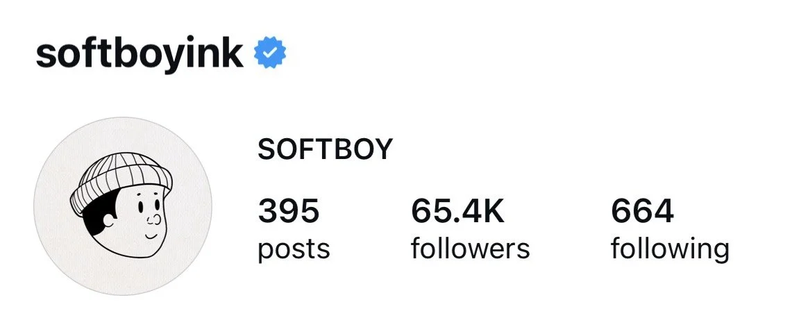 Image of Softboy Ink's social media profile showing logo, username, posts, followers, and following counts.