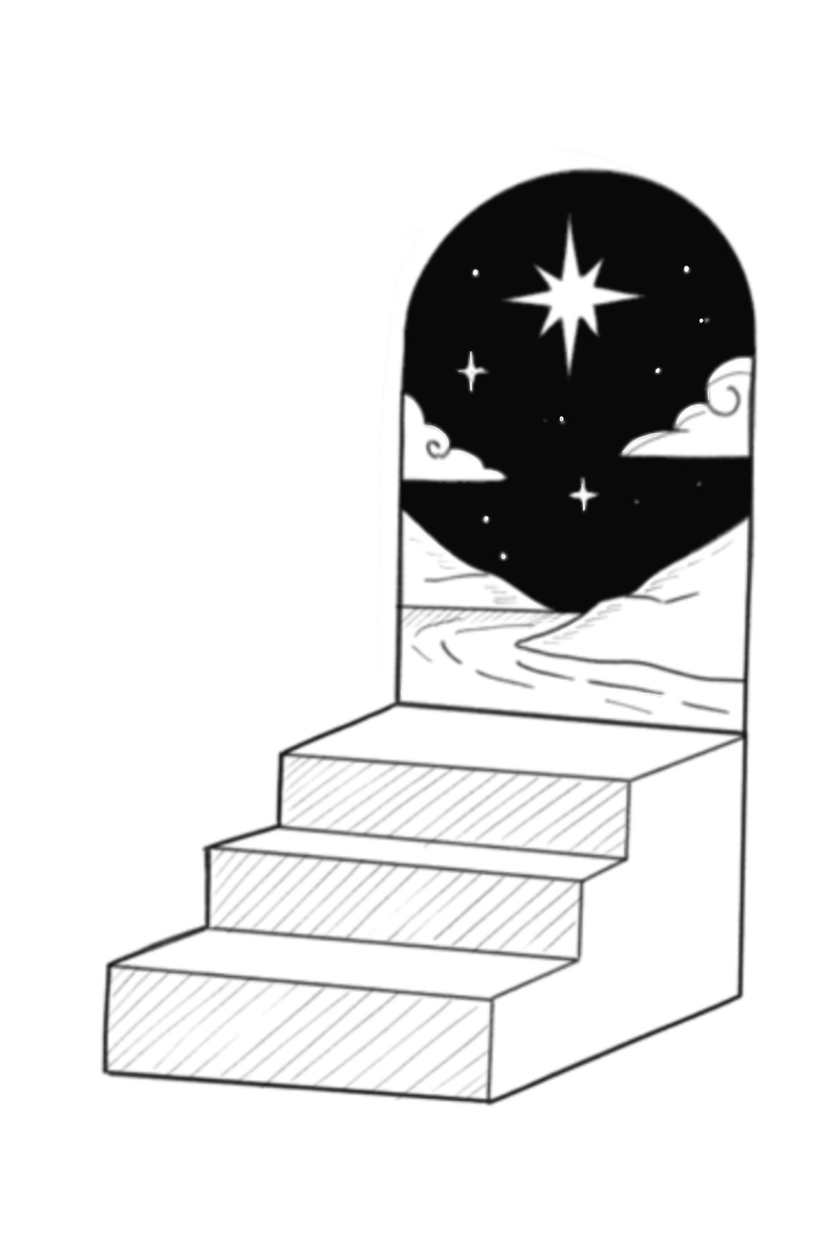 A black-and-white illustration of a staircase leading to a window showing a night sky with stars and a bright star.