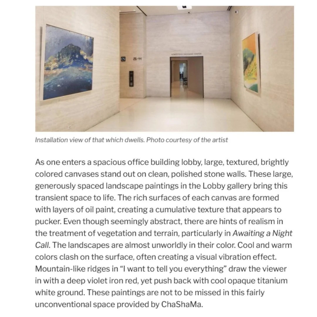 So grateful to @annashukeylo and @artspiel for featuring &quot;that which dwells&quot; as a must-see exhibition in Midtown this August! Huge thanks to curator Jiwoo Kim and everyone at @chashama for this incredible opportunity. 
.
.
.
#chashama #larg