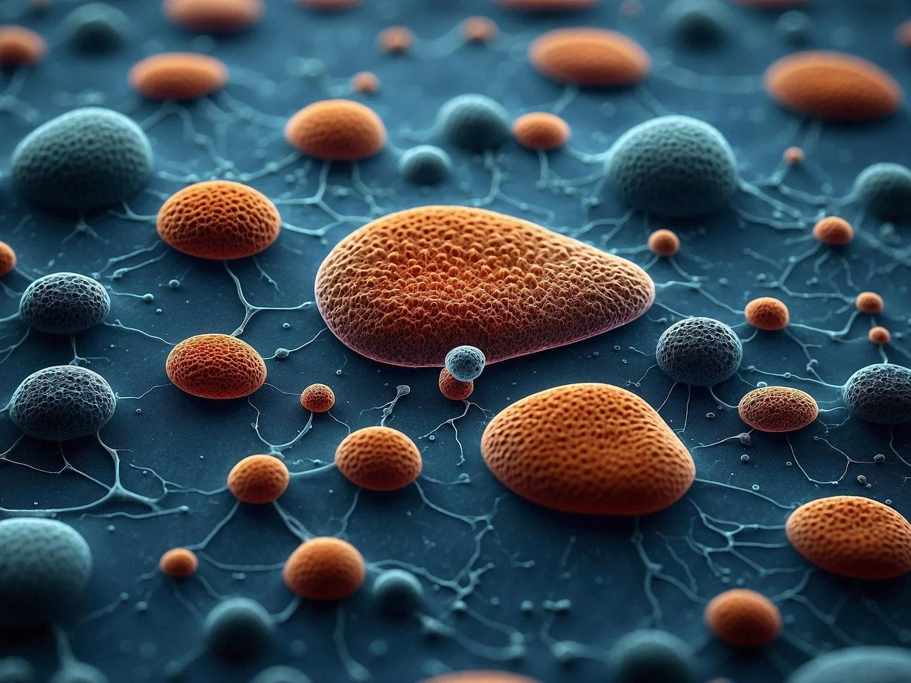 Microscopic view of various colorful rounded molecules connected by thin lines on a blue background.