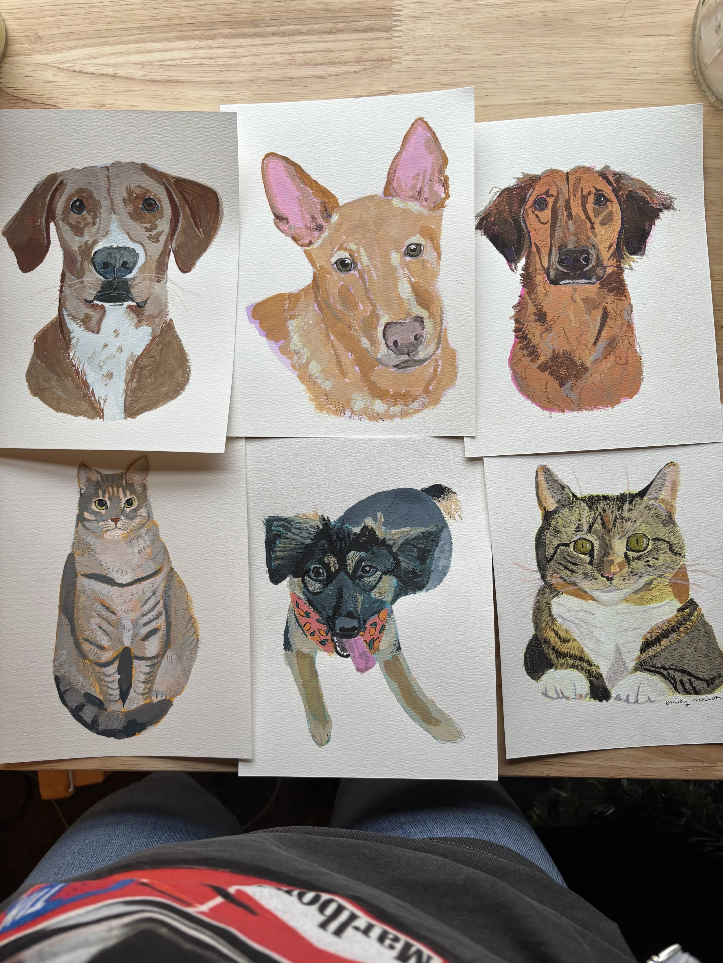 A group of 6 original pet portrait paintings of dogs and cats done in an impressionistic style using gouache paint and colored pencils on cold press watercolor paper.