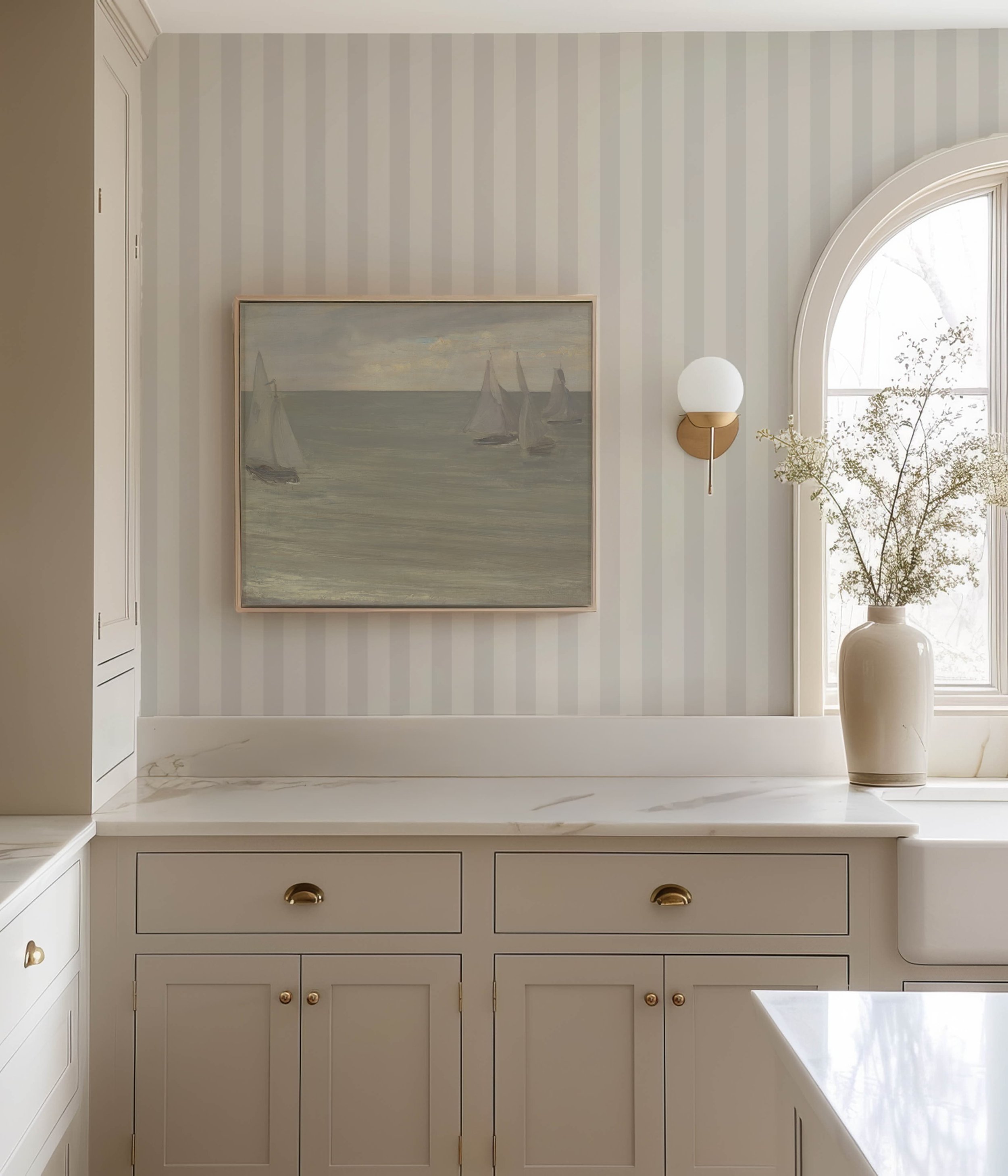amy warr striped wallpaper in kitchen interior with vintage sailboats painting