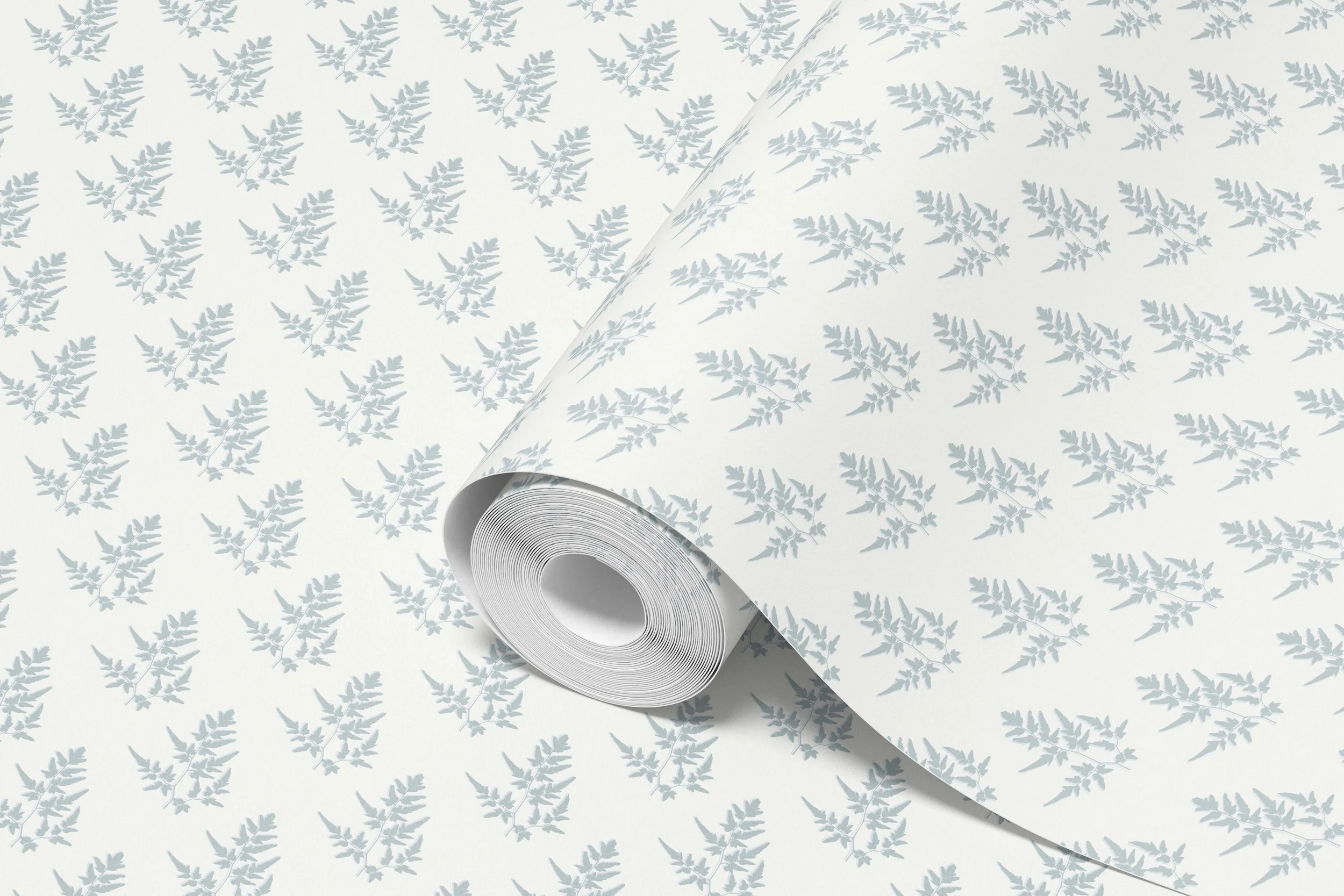 mcgee and co inspired wallpaper with dusty blue ferns in a block print pattern for coastal interior design