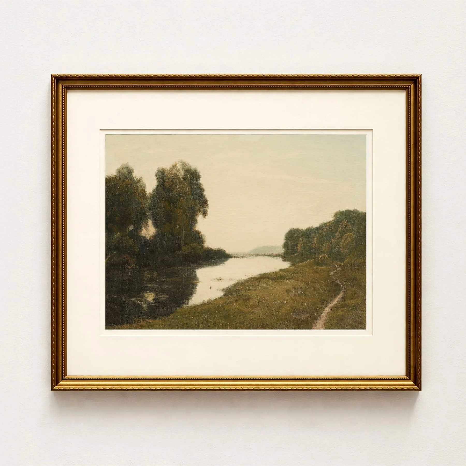 'Along the Lake' — Vintage Lake Landscape Oil Painting Art Print