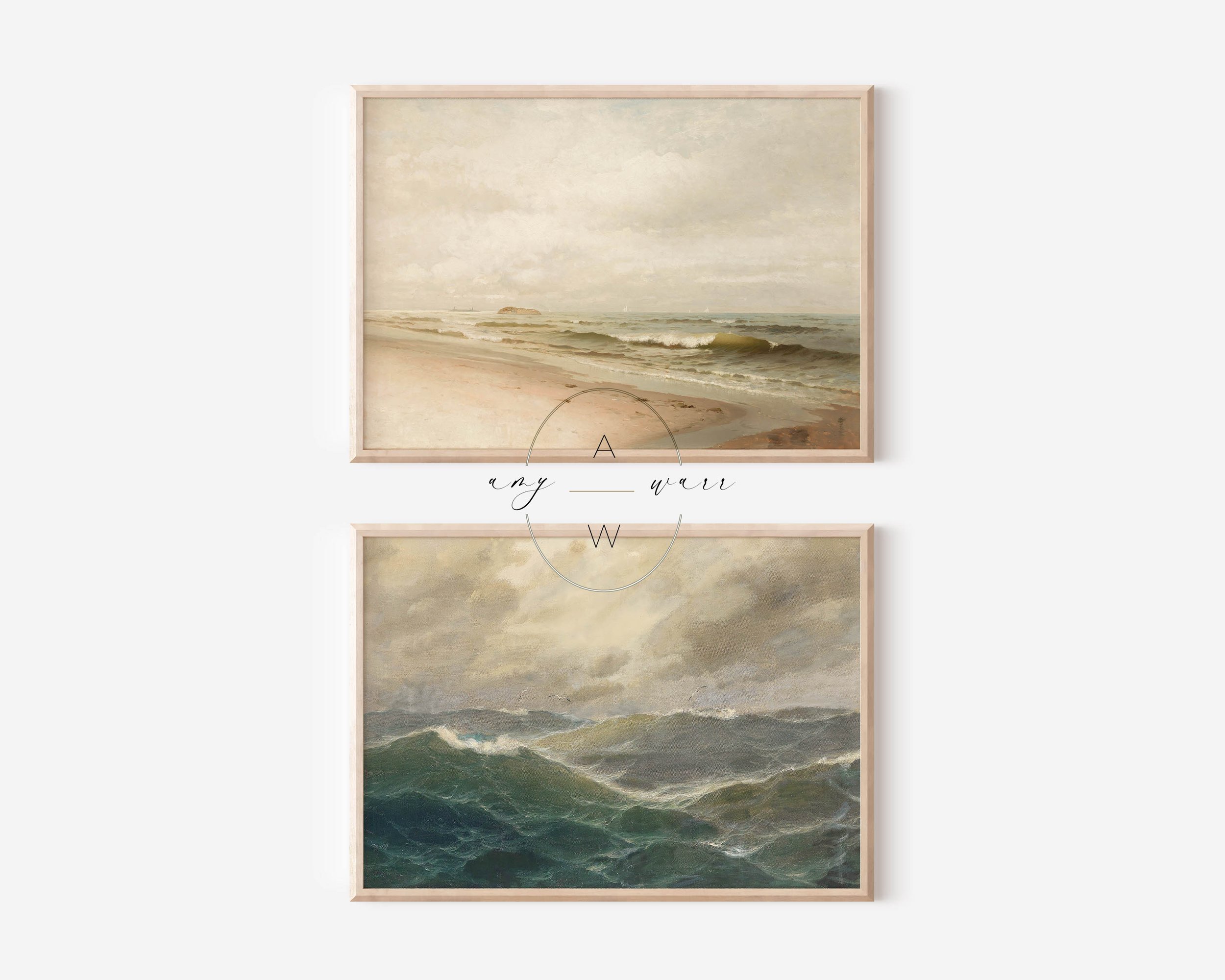 Neutral beach wall print of a vintage coastal painting