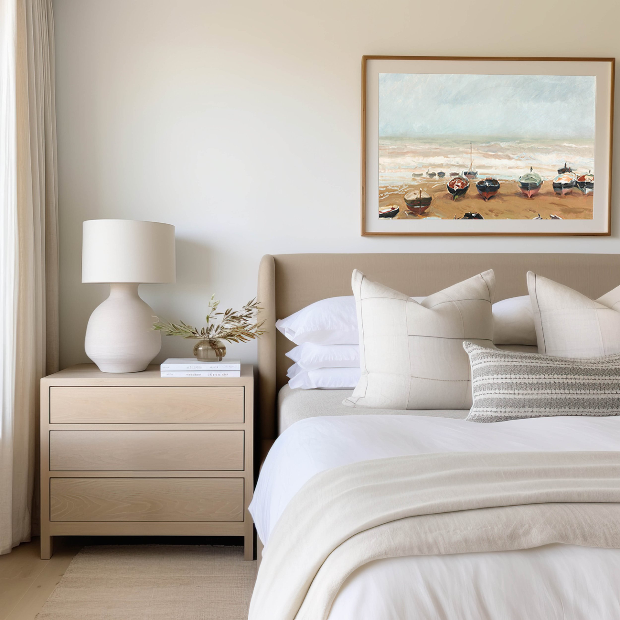 Vintage sailboats wall art for bedroom above bed in a neutral color palette
