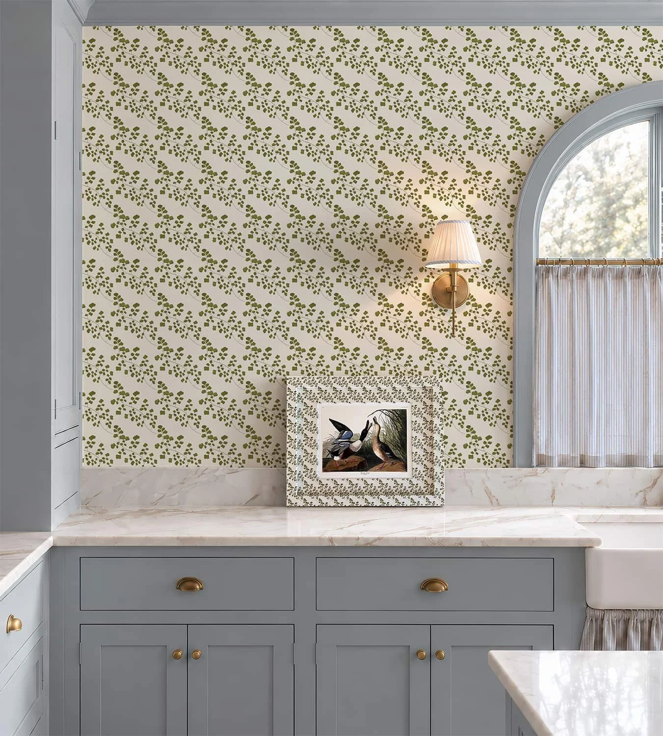 Interior designer kitchen with Amy Warr textiles, wallpaper, and fabric covered framed Audubon print