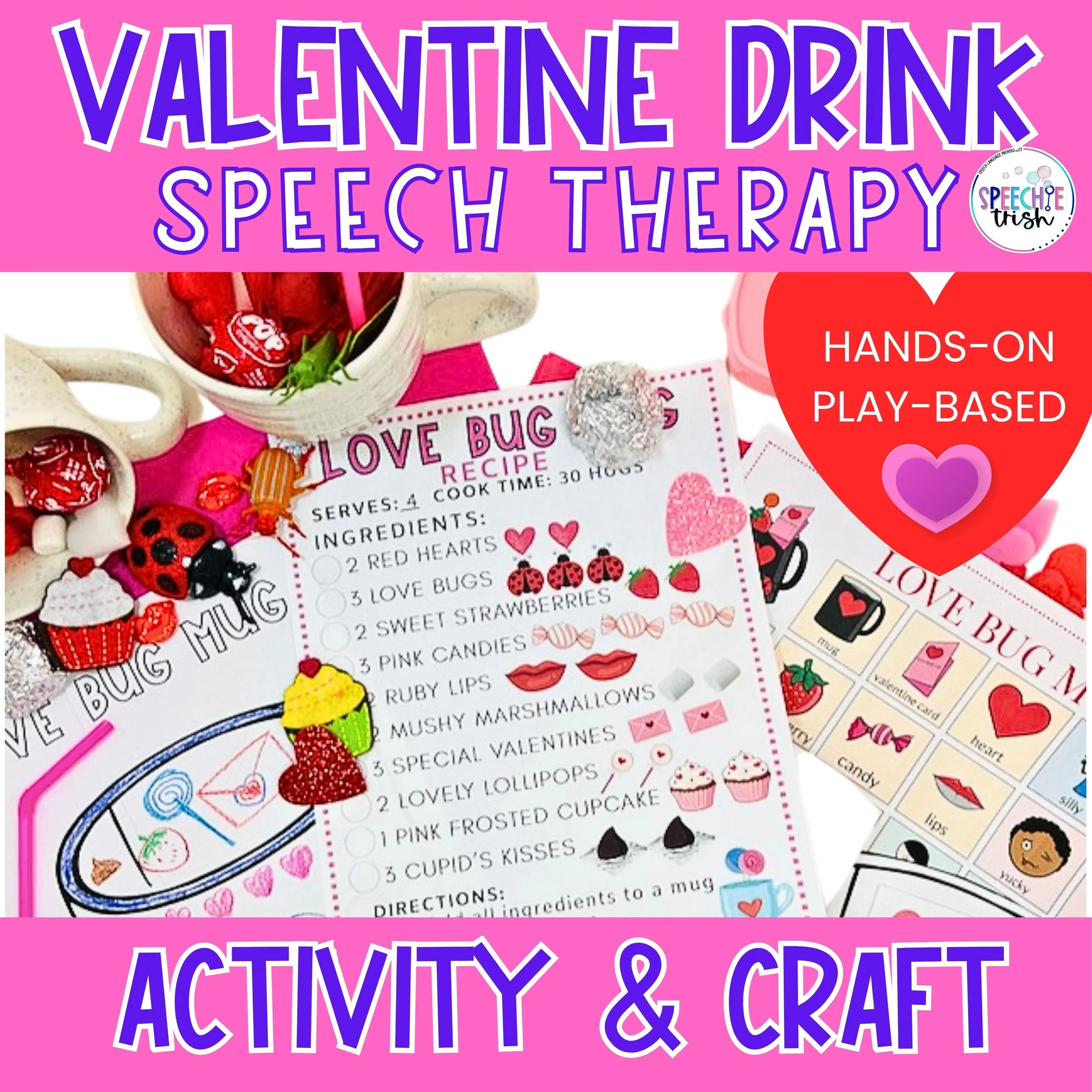 Valentine drink for speech therapy with mugs, recipe card and paper craft