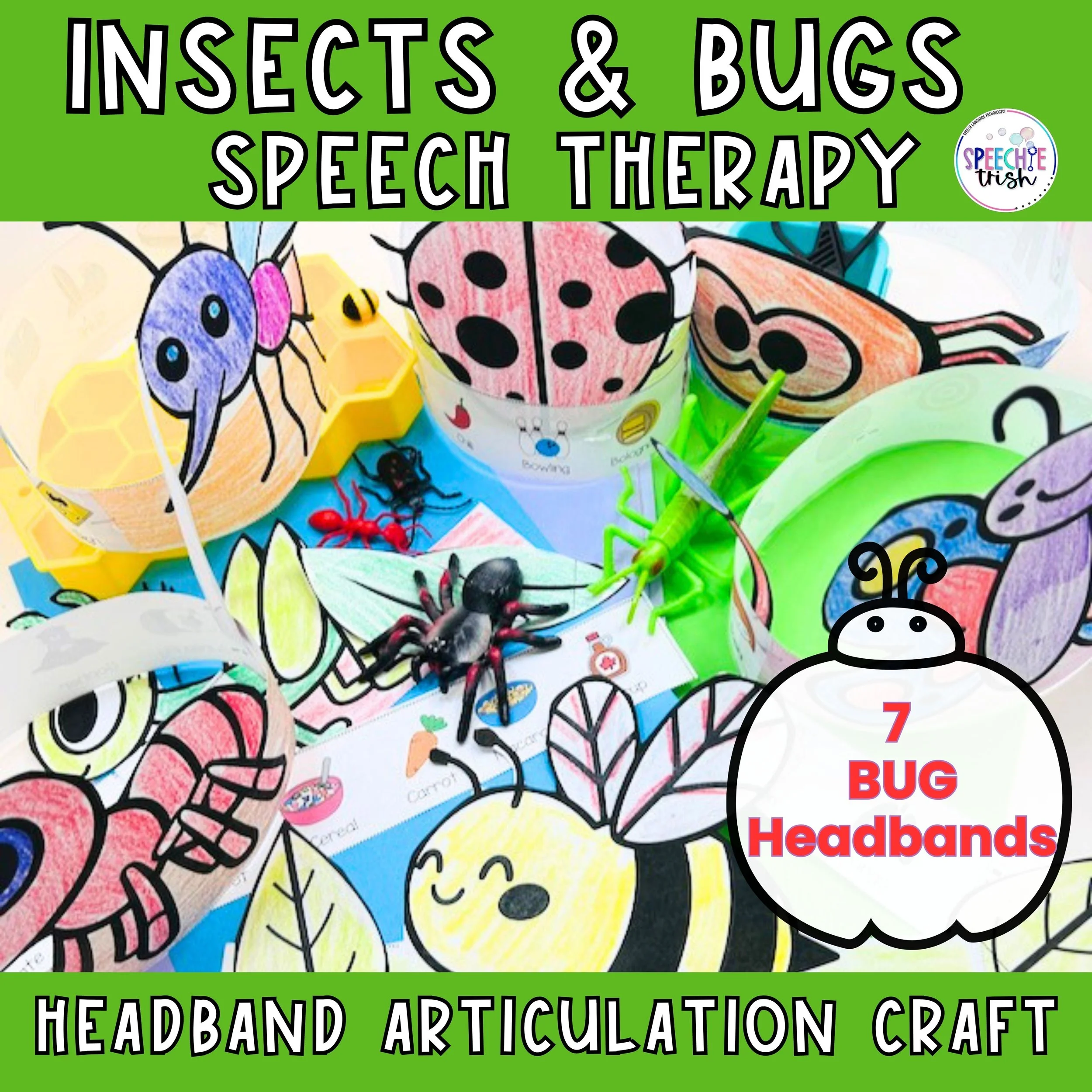 Colorful children’s craft display featuring insect and bug paper creations, including a ladybug, butterfly, bee, and other insects, with title 'Insects & Bugs Speech Therapy' and text about headband articulation craft.