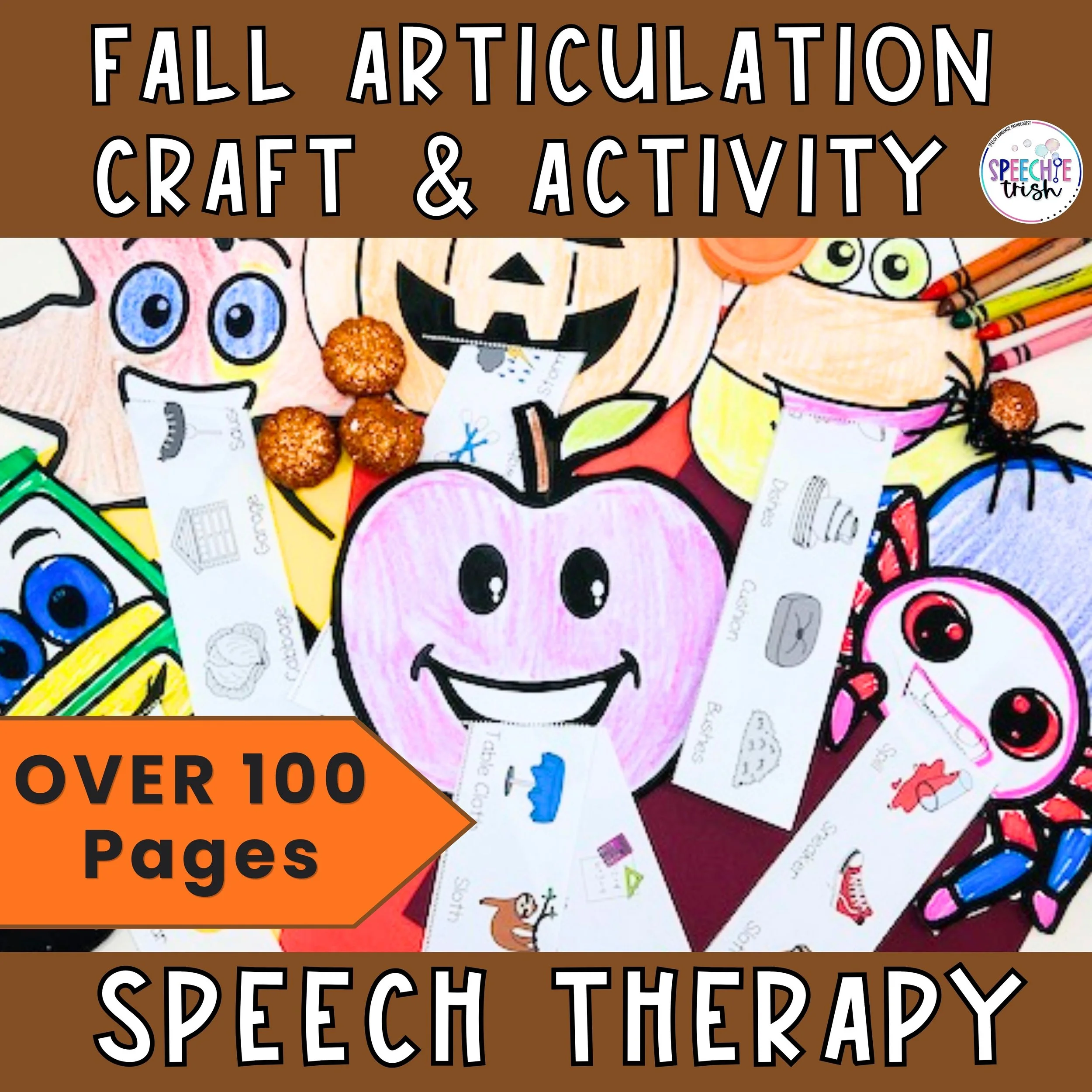 apple, pumpkin, spider with articulation words pictures on strips of paper