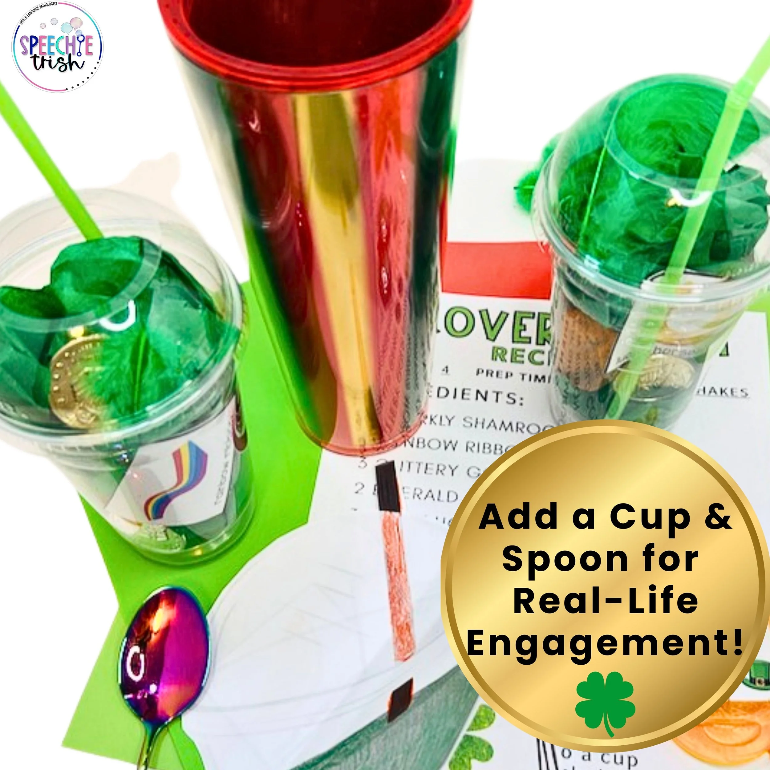 speech therapy st. Patrick's day drink mixed with shamrocks, rainbows and gold coins
