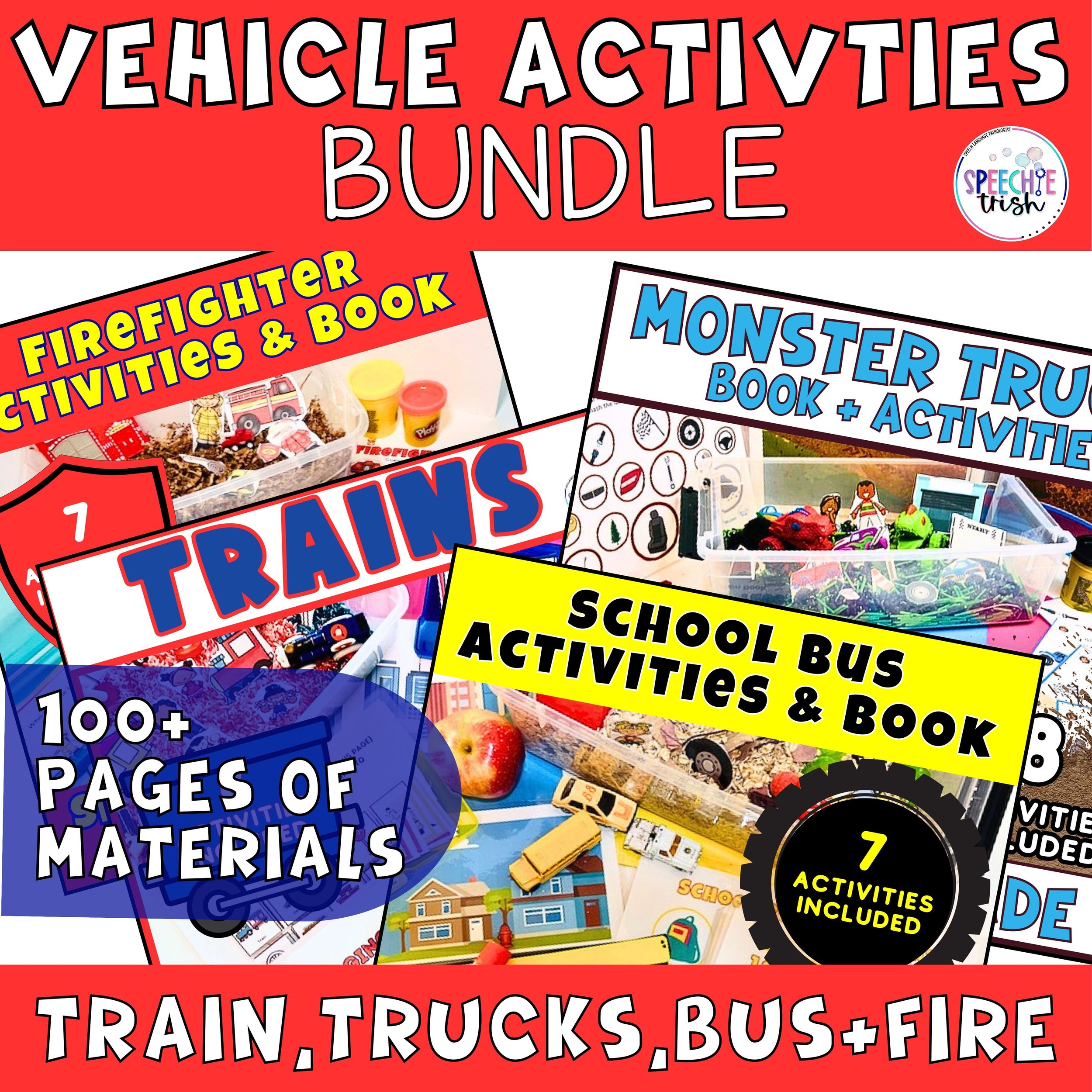Vehicle themed bundle in speech therapy Trains, monster trucks, school bus and Firetrucks