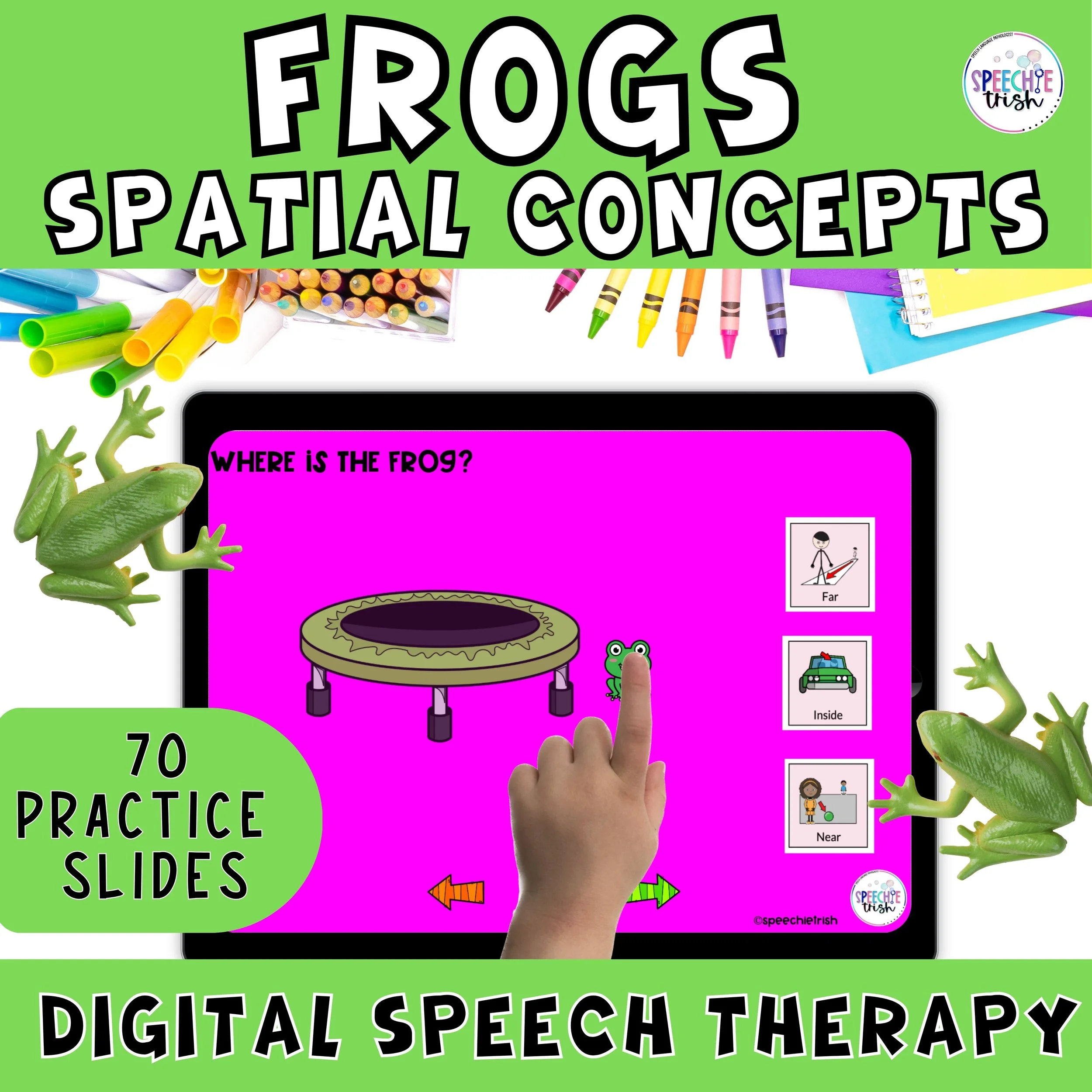 A colorful practice slide for digital speech therapy featuring various educational icons and a frog character, with the title 'Frogs - Spatial Concepts' and the question 'Where is the frog?' on a purple background. A child's finger is pointing at an image of the frog.