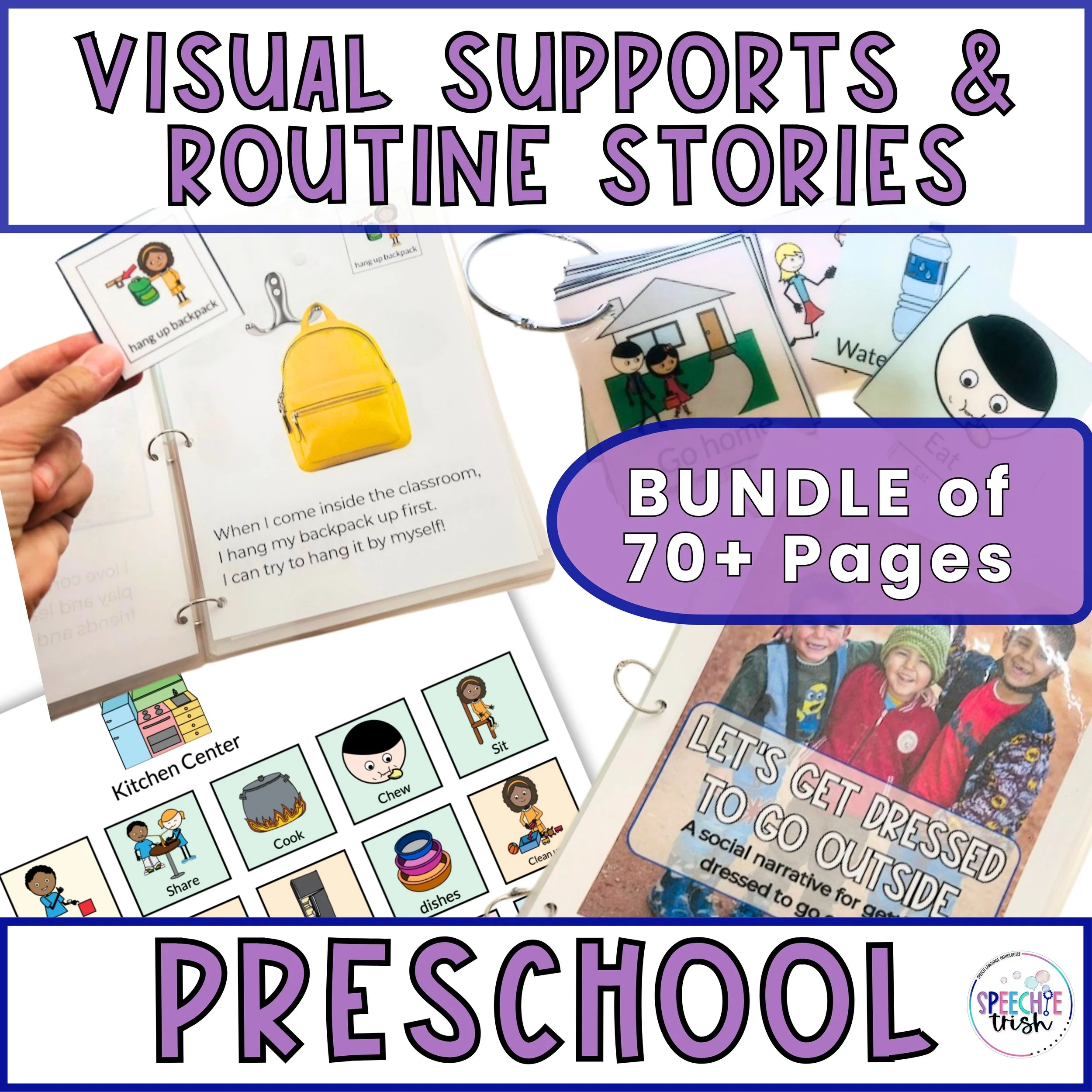 A collage of educational material including visual supports, routine stories, and a bundle of over 70 pages for preschoolers, with illustrations of children, classroom objects, and routines.