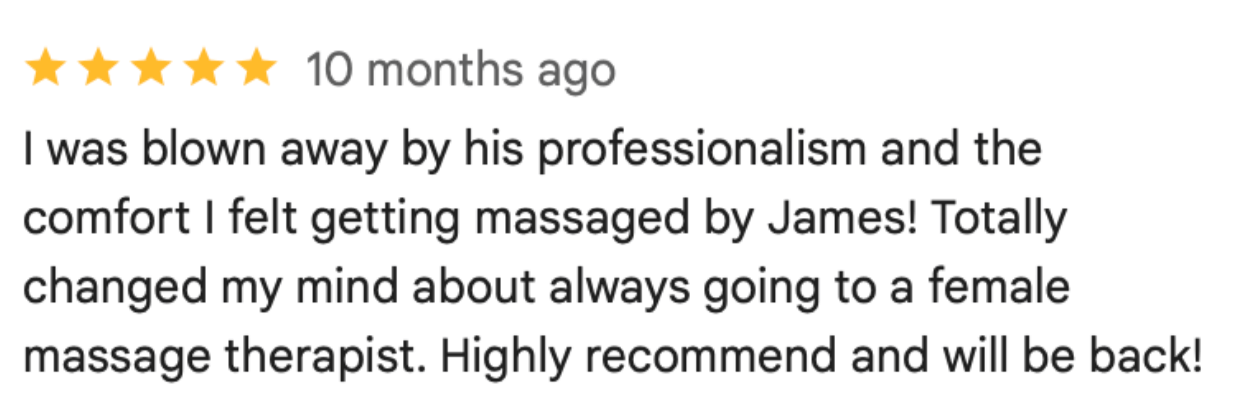 Male client review recommending James Palmer massage therapist over female therapists in Los Angeles