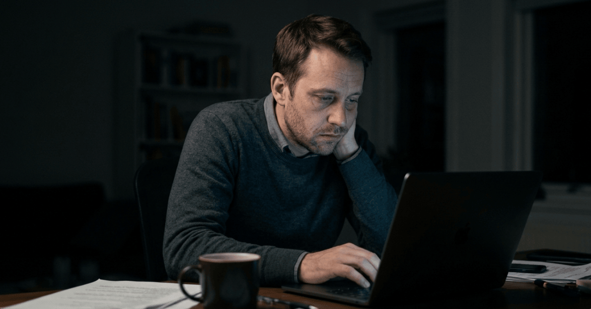 Man hunched over his laptop late at night, stressed and upset