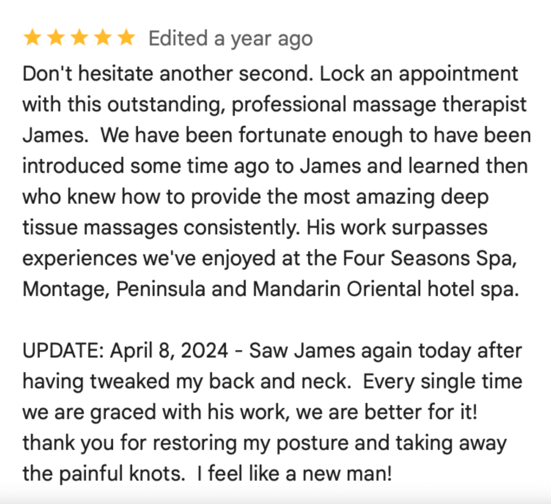 5-star testimonial comparing James Palmer to Four Seasons and Mandarin Oriental spa massage quality