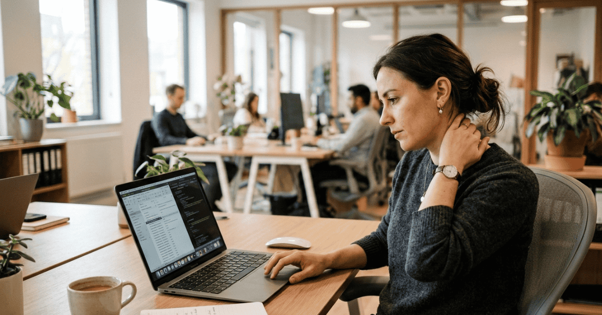 woman sitting at a work desk on her computer. with her left hand, she is gently massaging her neck, as if to show it was bothering her