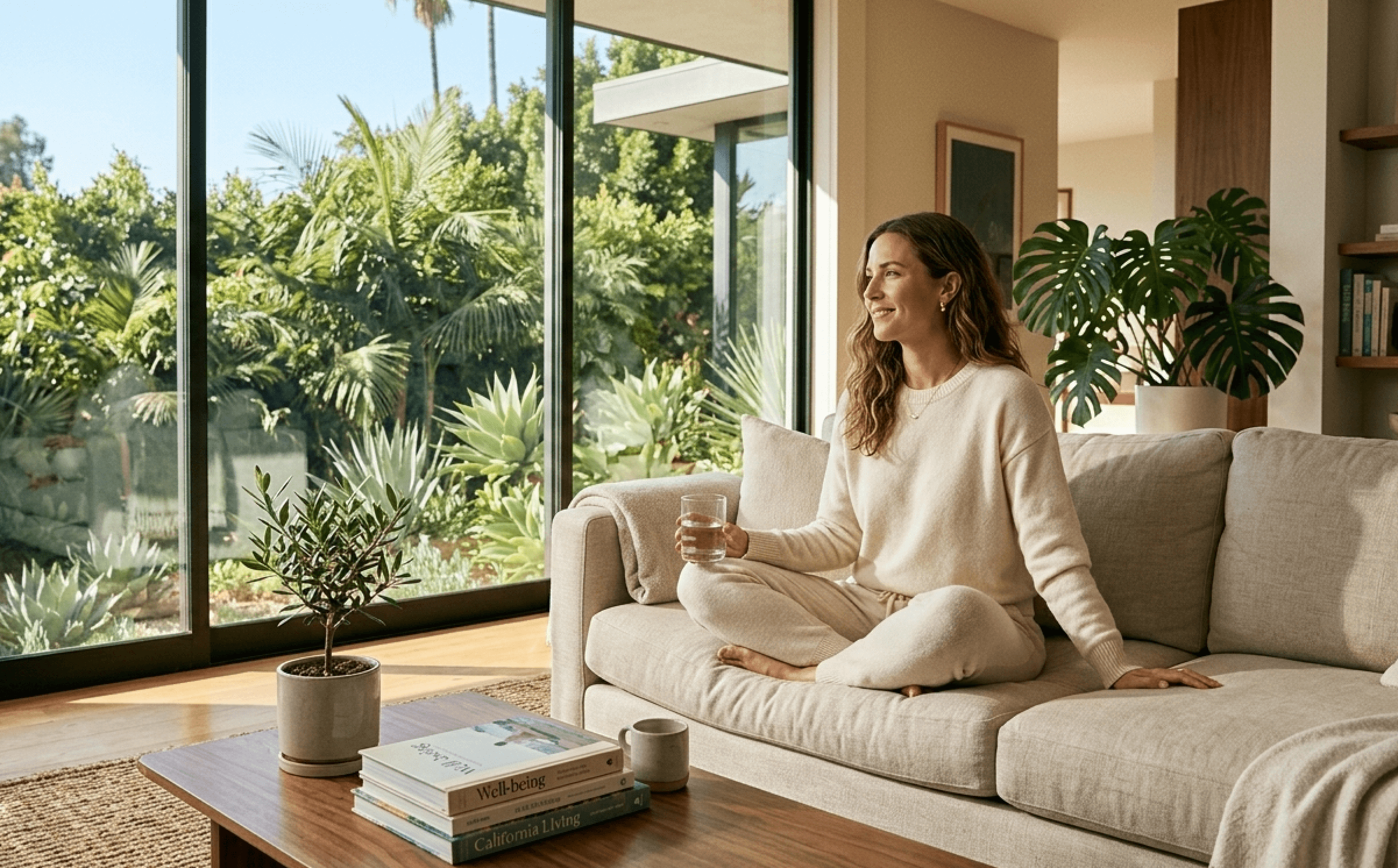 a woman relaxing on her couch with a glass of water following her massage