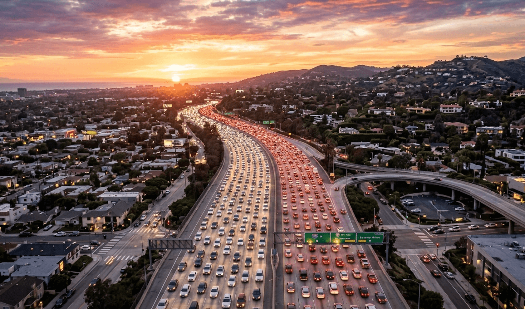 Photo of traffic along the 405 freeway in both directions at sunset