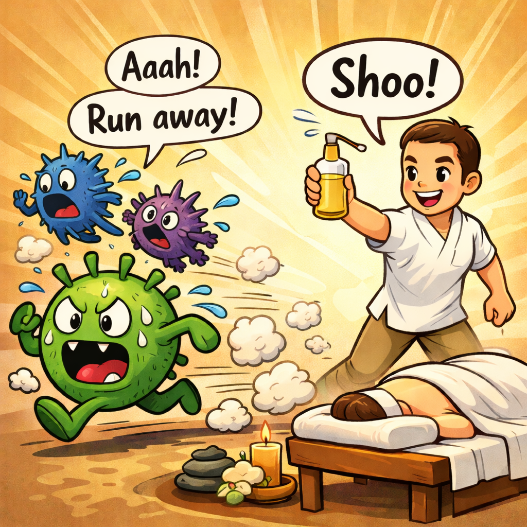 cartoon graphic of a massage therapist scaring off three germs. The germs are running away screaming "aaaah!" and "Run Away!" and the massage therapist is seen saying "Shoo!"