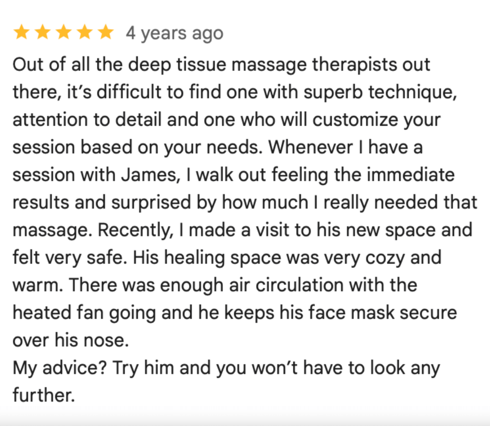 5-star review for customized deep tissue massage therapy with professional attention to detail