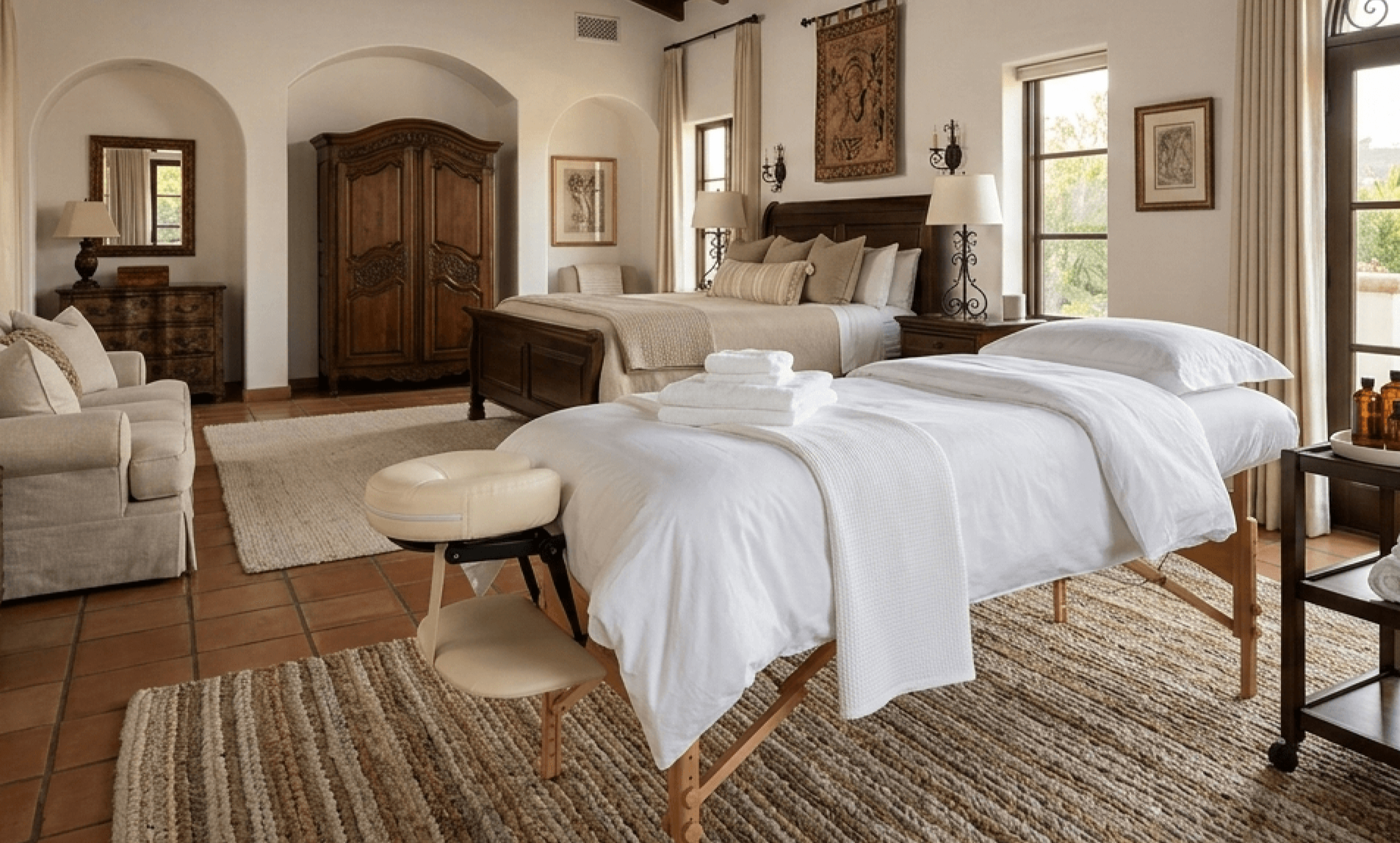 a massage table set up in a home and ready for the client