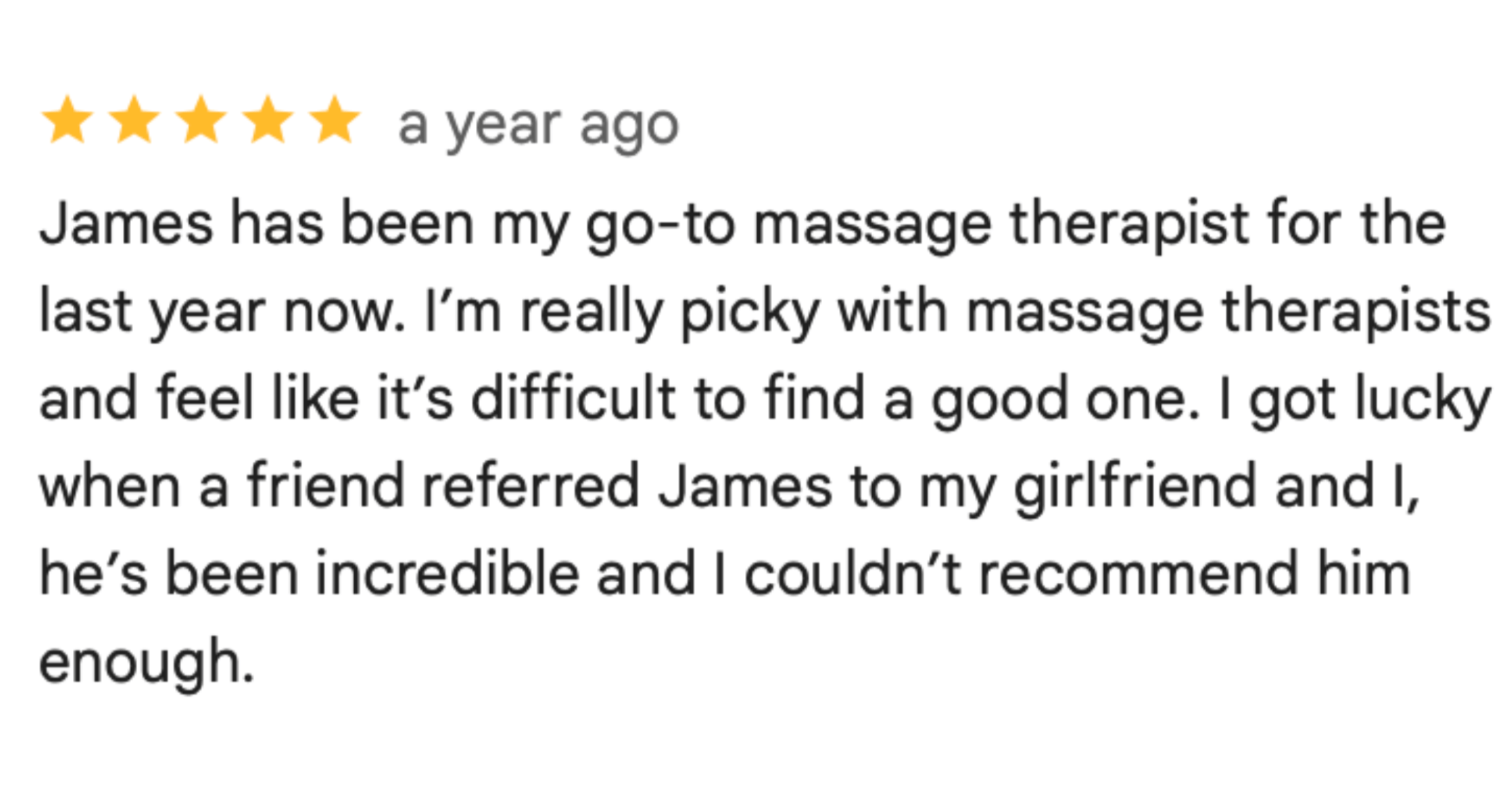 5-star client review for James Palmer massage therapy in Los Angeles - reliable professional service