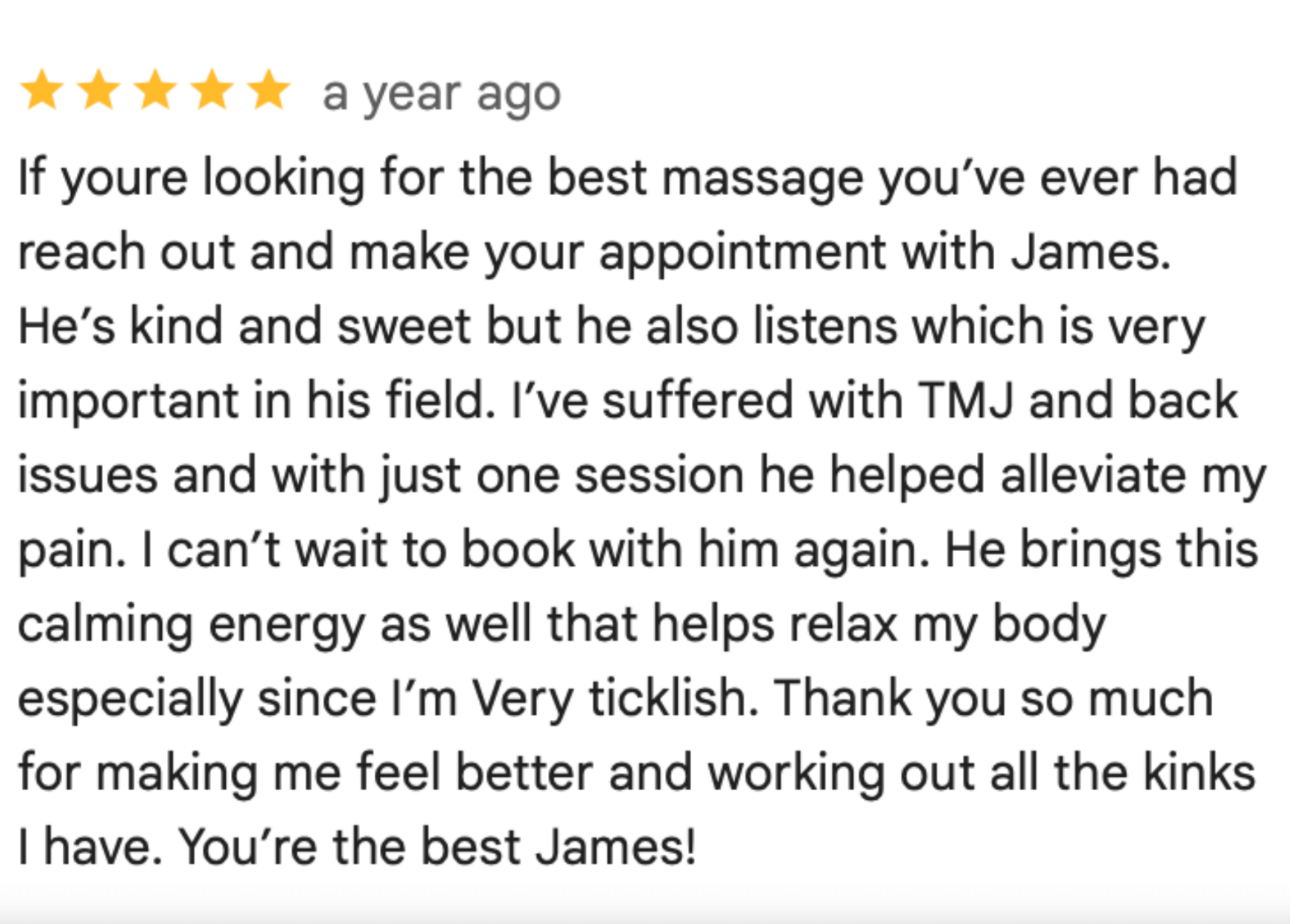 Client review praising male massage therapist James Palmer for TMJ and back pain relief in LA