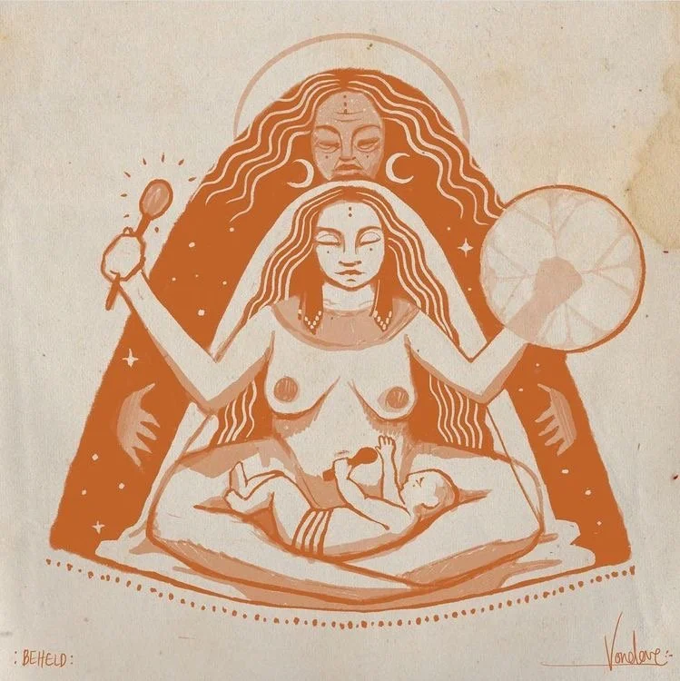 A stylized illustration of a pregnant woman holding a spoon in one hand and a citrus fruit slice in the other, with a baby lying on her lap. A large, spiritual-looking figure with closed eyes and flowing hair is behind her, surrounded by celestial symbols like moons and stars.